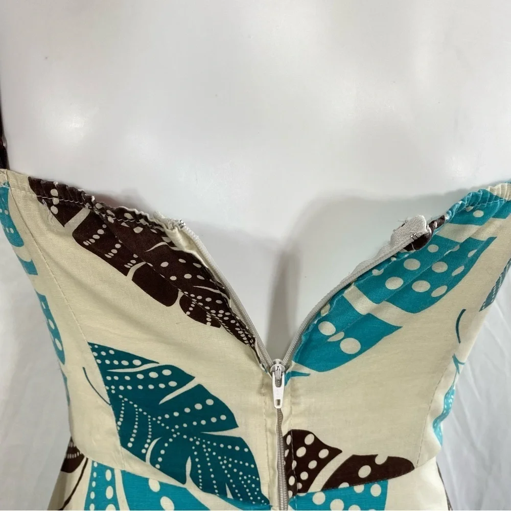 Ruby Rox Retro Y2K Strappy Fit & Flare Teal Brown Leaf Print Dress
